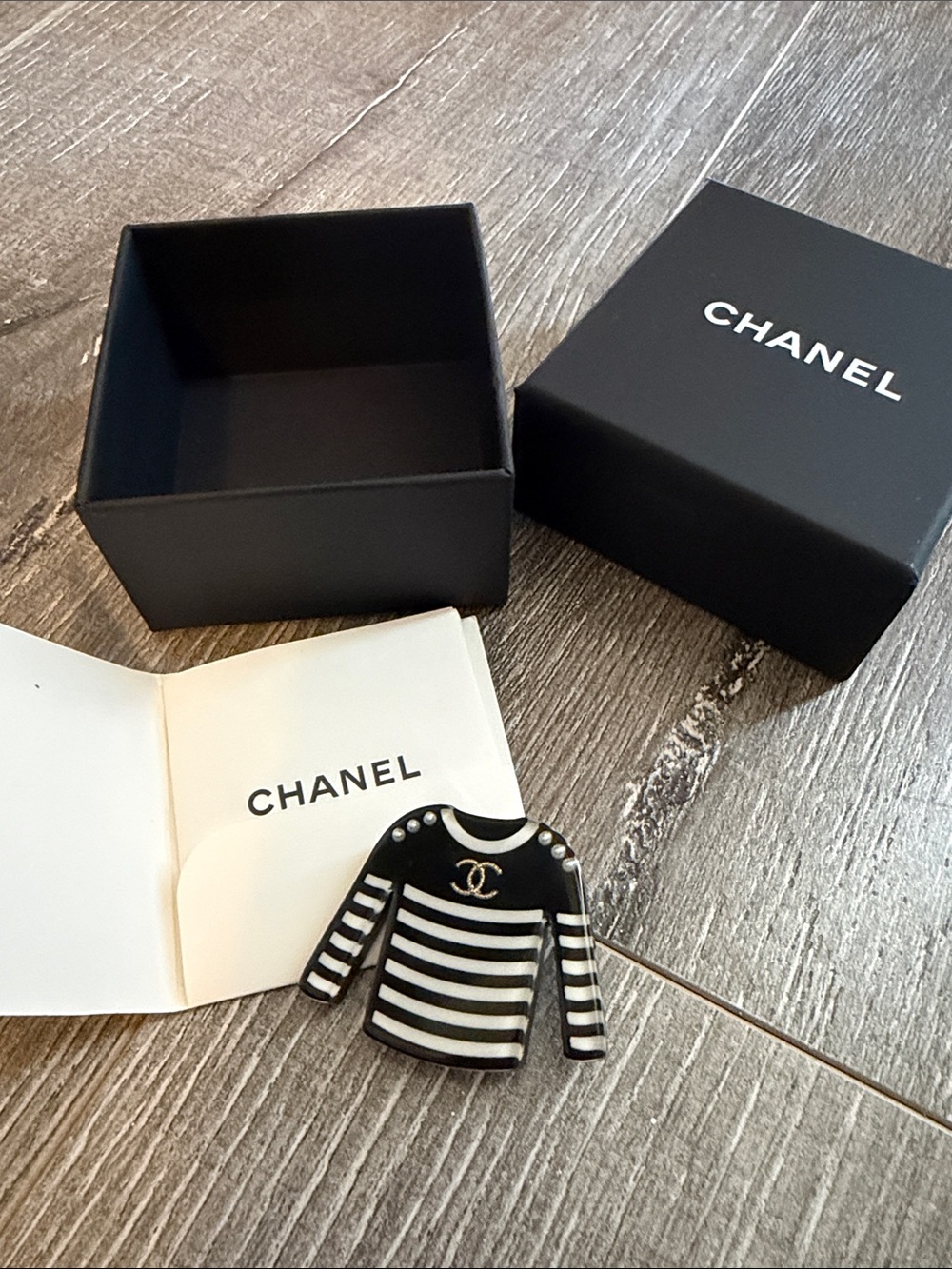 CHANEL Kids Black & White Striped Sweater Pin with Gold CC